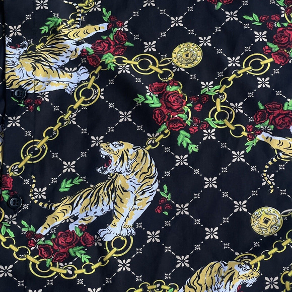 Drill Clothing Shirt Mens Medium Black Button Up Chain Print Tiger Roses Stretch - Picture 3 of 10